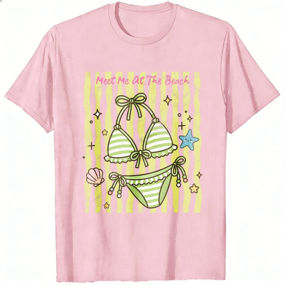 Cute Summer Beach Bikini Graphic Classic T-Shirt Meet Me At The Beach Striped Seashell Starfish Desi