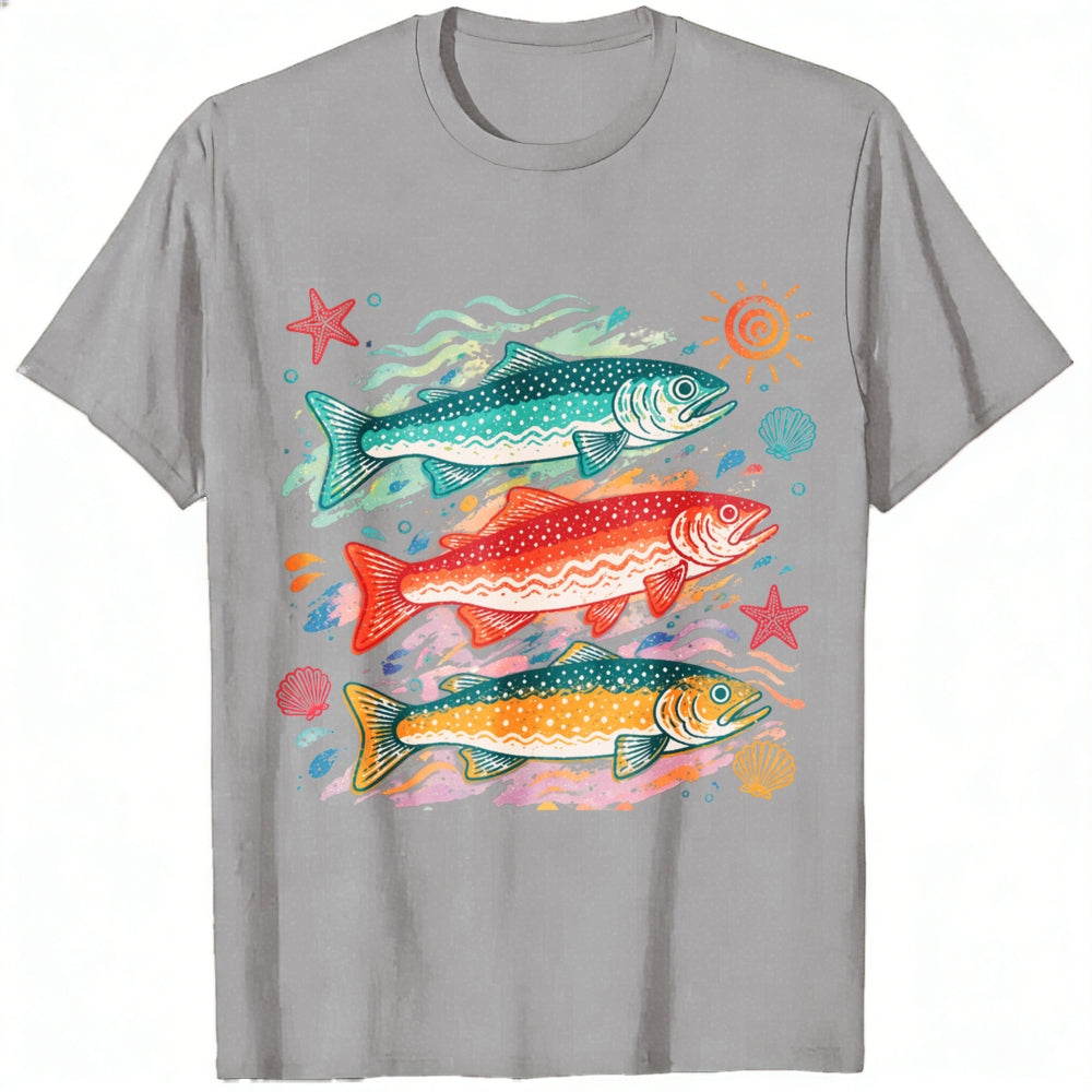 Vintage Style Classic T-Shirt Colorful Trout Fish And Sea Stars Ocean Art