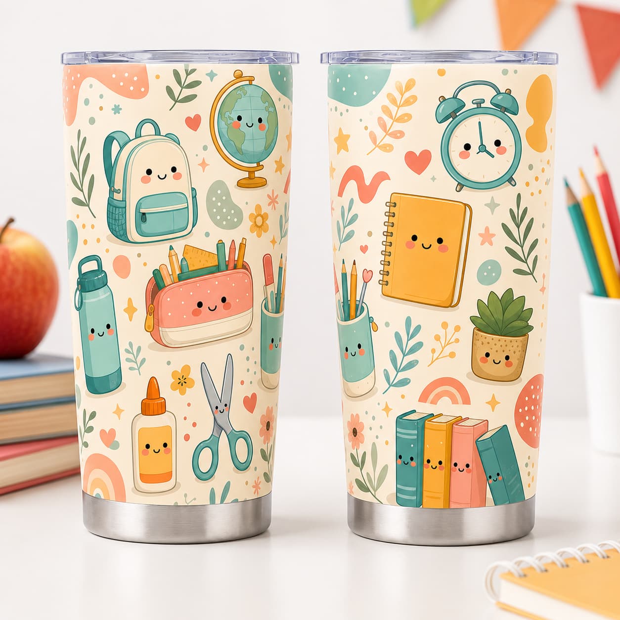 Cute Back-to-School Stainless Steel Tumbler with Lid, Kawaii School Supplies Print