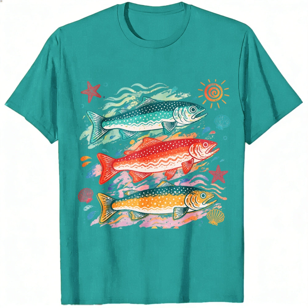 Vintage Style Classic T-Shirt Colorful Trout Fish And Sea Stars Ocean Art