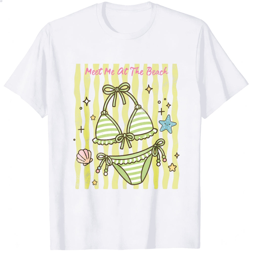 Cute Summer Beach Bikini Graphic Classic T-Shirt Meet Me At The Beach Striped Seashell Starfish Desi