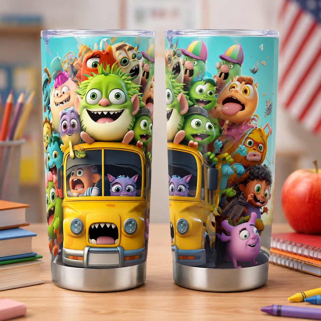 Kids Stainless Steel Tumbler with Colorful Monster School Bus Print, Back-to-School Cup