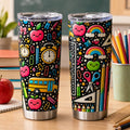Colorful Back-to-School Stainless Steel Tumbler with Lid, Composition Book & School Supplies Print