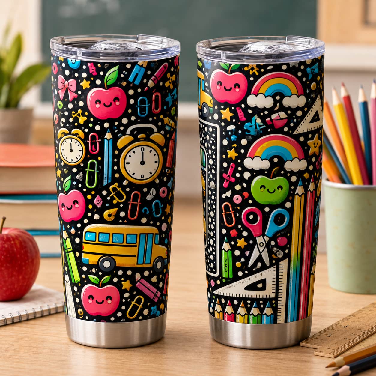 Colorful Back-to-School Stainless Steel Tumbler with Lid, Composition Book & School Supplies Print