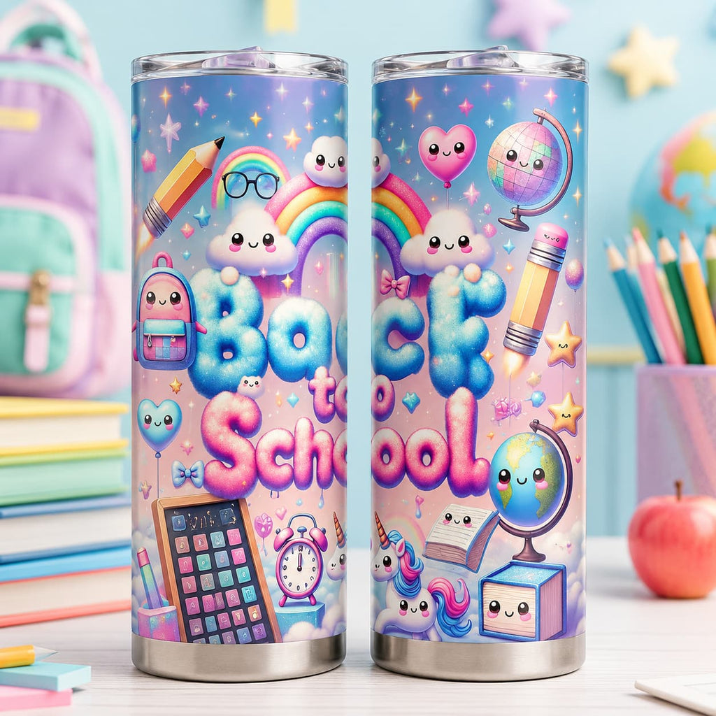 Kawaii Back-to-School Stainless Steel Tumbler with Lid, Rainbow Cloud & School Supplies Print
