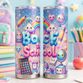 Kawaii Back-to-School Stainless Steel Tumbler with Lid, Rainbow Cloud & School Supplies Print