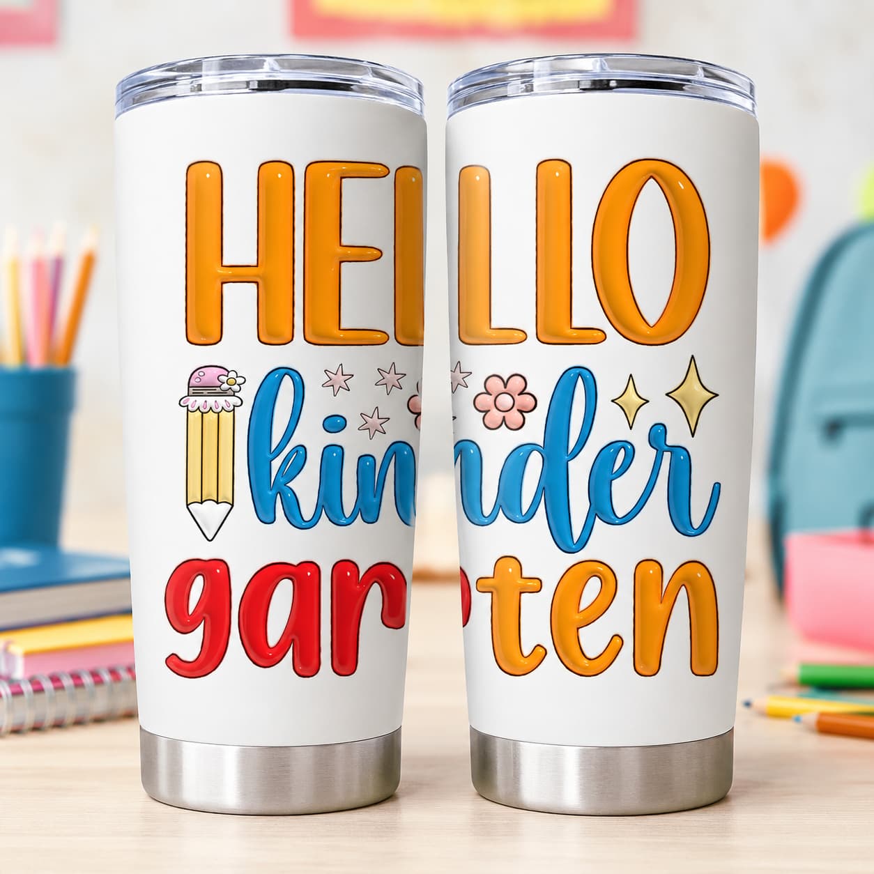 Hello Kindergarten 20 oz Stainless Steel Tumbler with Lid, Pencil & Floral School Print