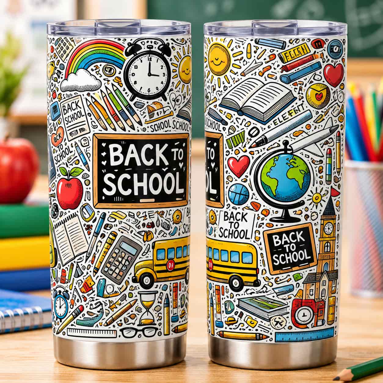 Back-to-School Doodle Tumbler, Insulated Stainless Steel Travel Cup for Teachers & Students
