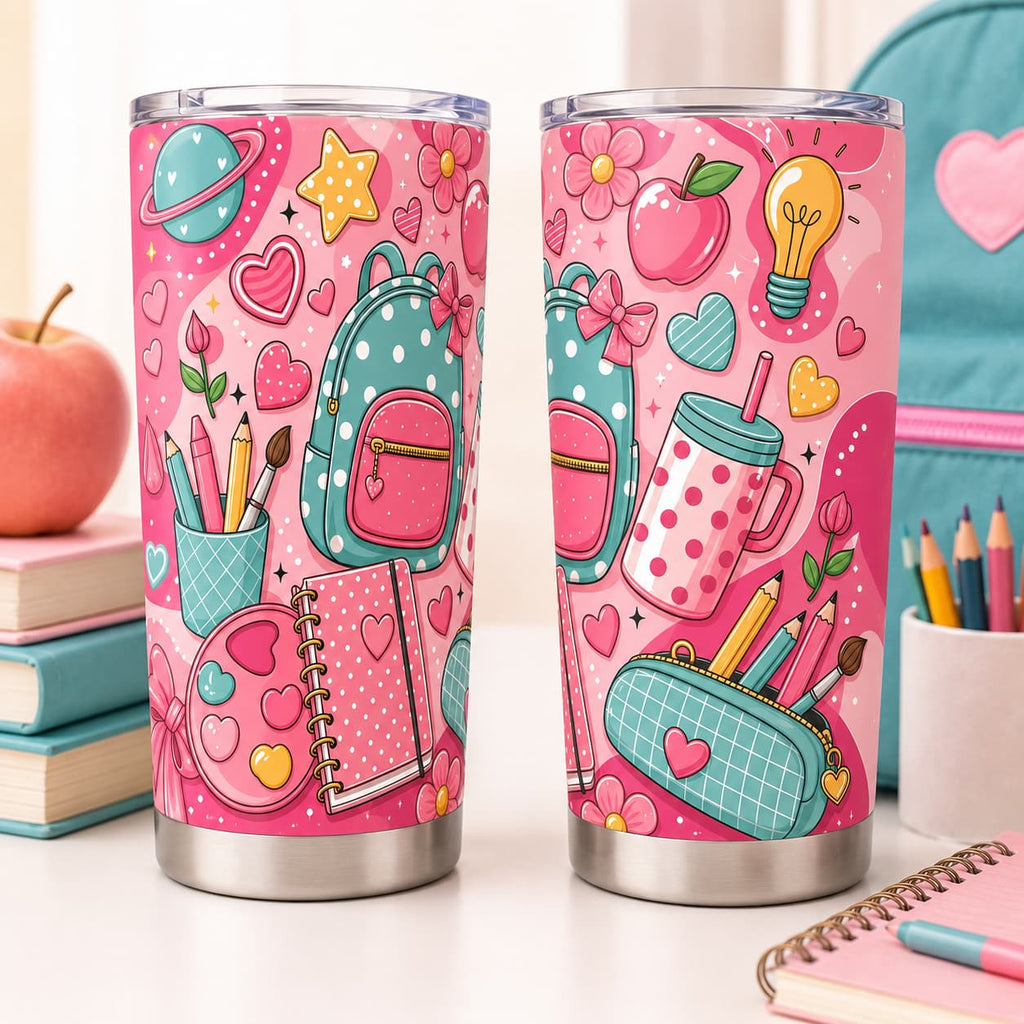 Kawaii Pink Back-to-School Stainless Steel Tumbler with Lid, Backpack & Heart Print