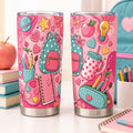 Kawaii Pink Back-to-School Stainless Steel Tumbler with Lid, Backpack & Heart Print