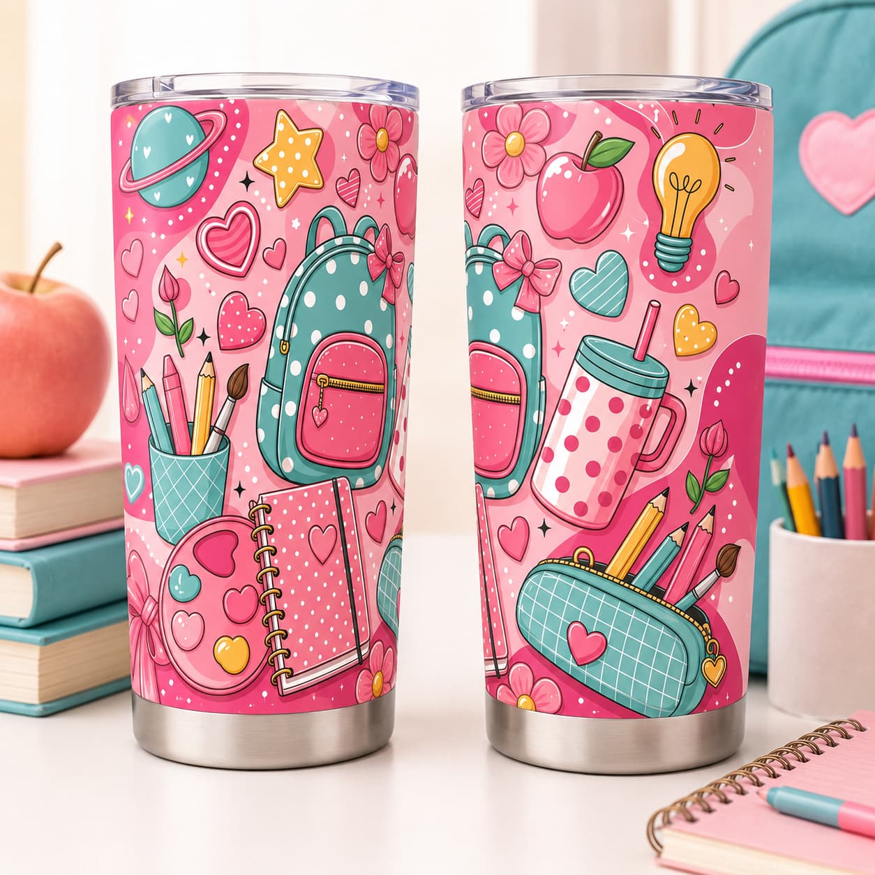 Kawaii Pink Back-to-School Stainless Steel Tumbler with Lid, Backpack & Heart Print