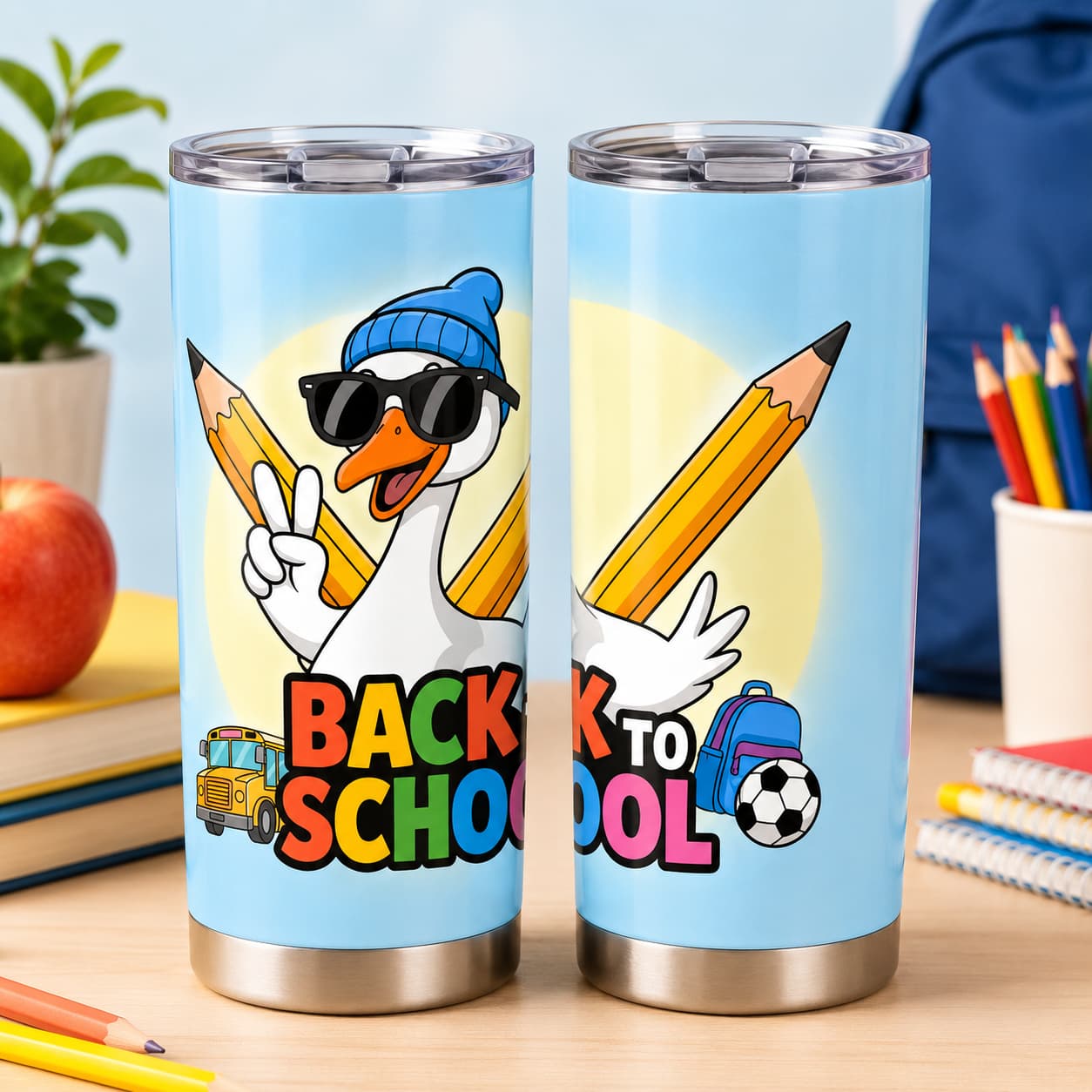 Cool Goose Back-to-School Stainless Steel Tumbler with Lid, Colorful School Print