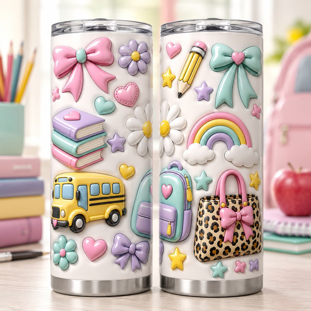 Pastel Back-to-School Stainless Steel Tumbler with Lid, Bow, Rainbow & School Bus Print