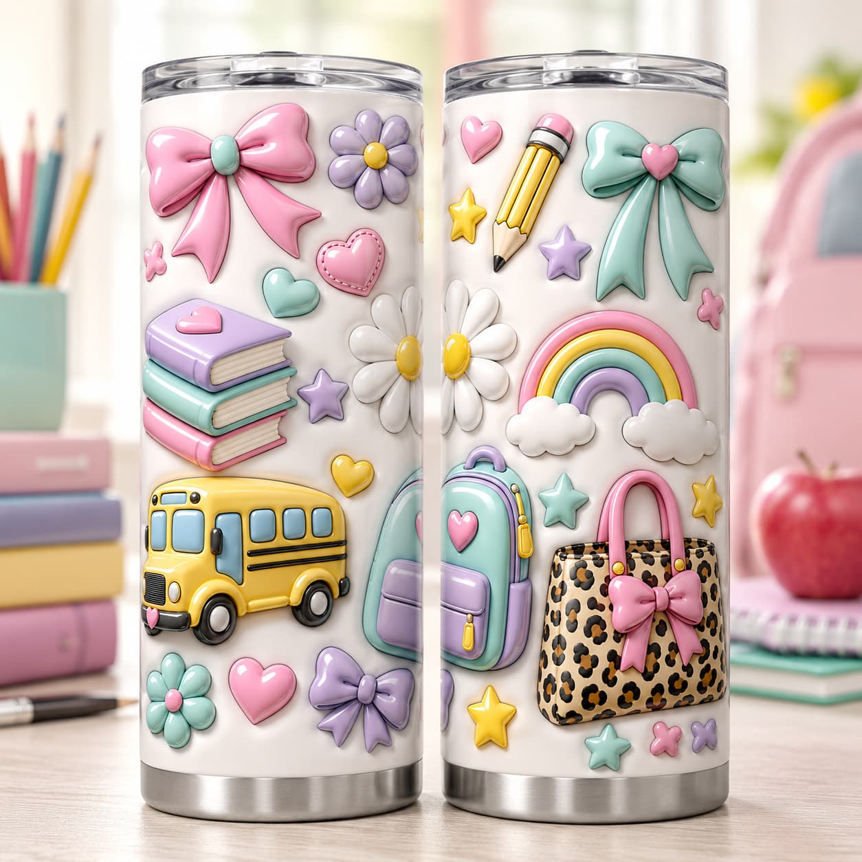 Pastel Back-to-School Stainless Steel Tumbler with Lid, Bow, Rainbow & School Bus Print