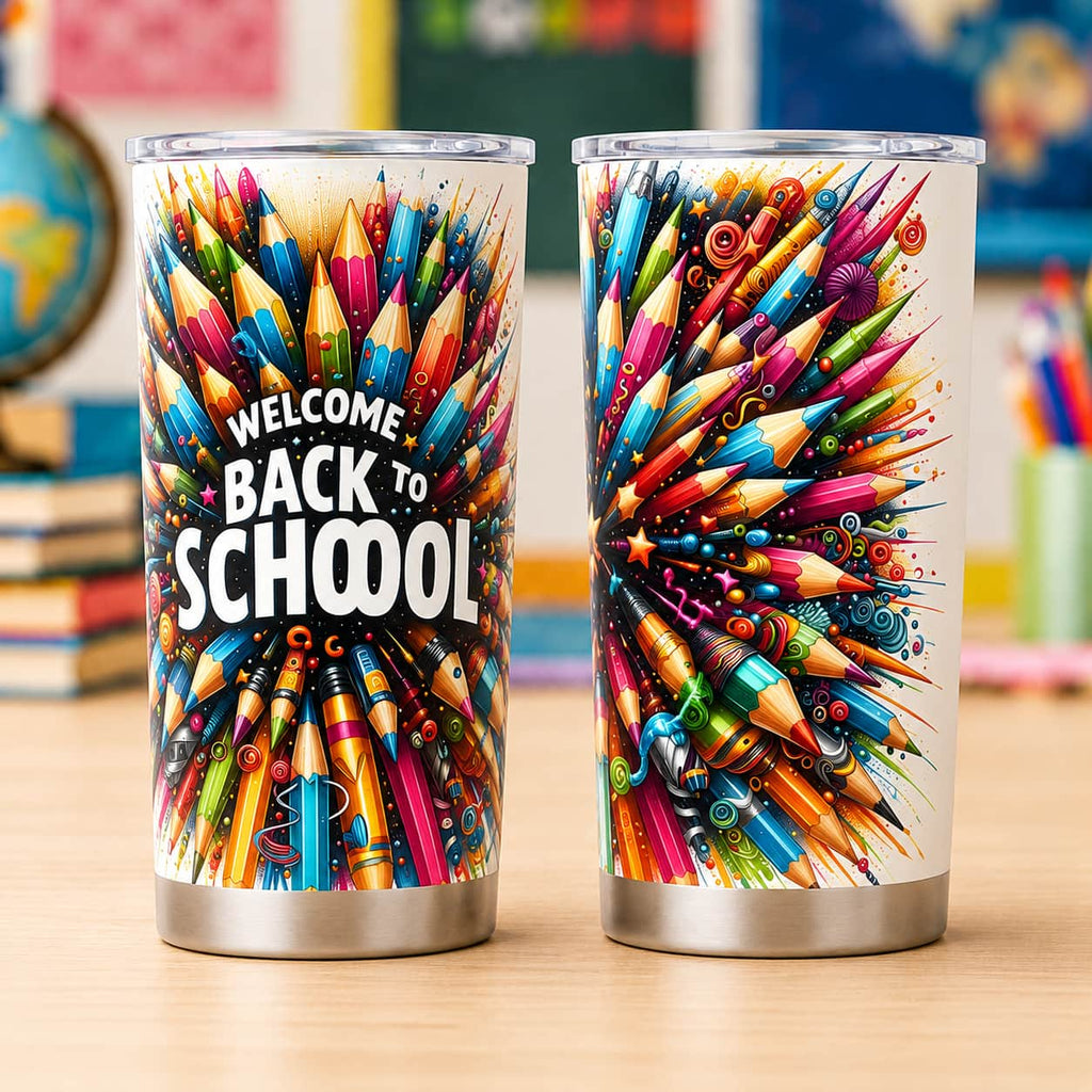 Welcome Back to School Stainless Steel Tumbler with Lid, Colorful Pencil Print