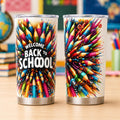 Welcome Back to School Stainless Steel Tumbler with Lid, Colorful Pencil Print