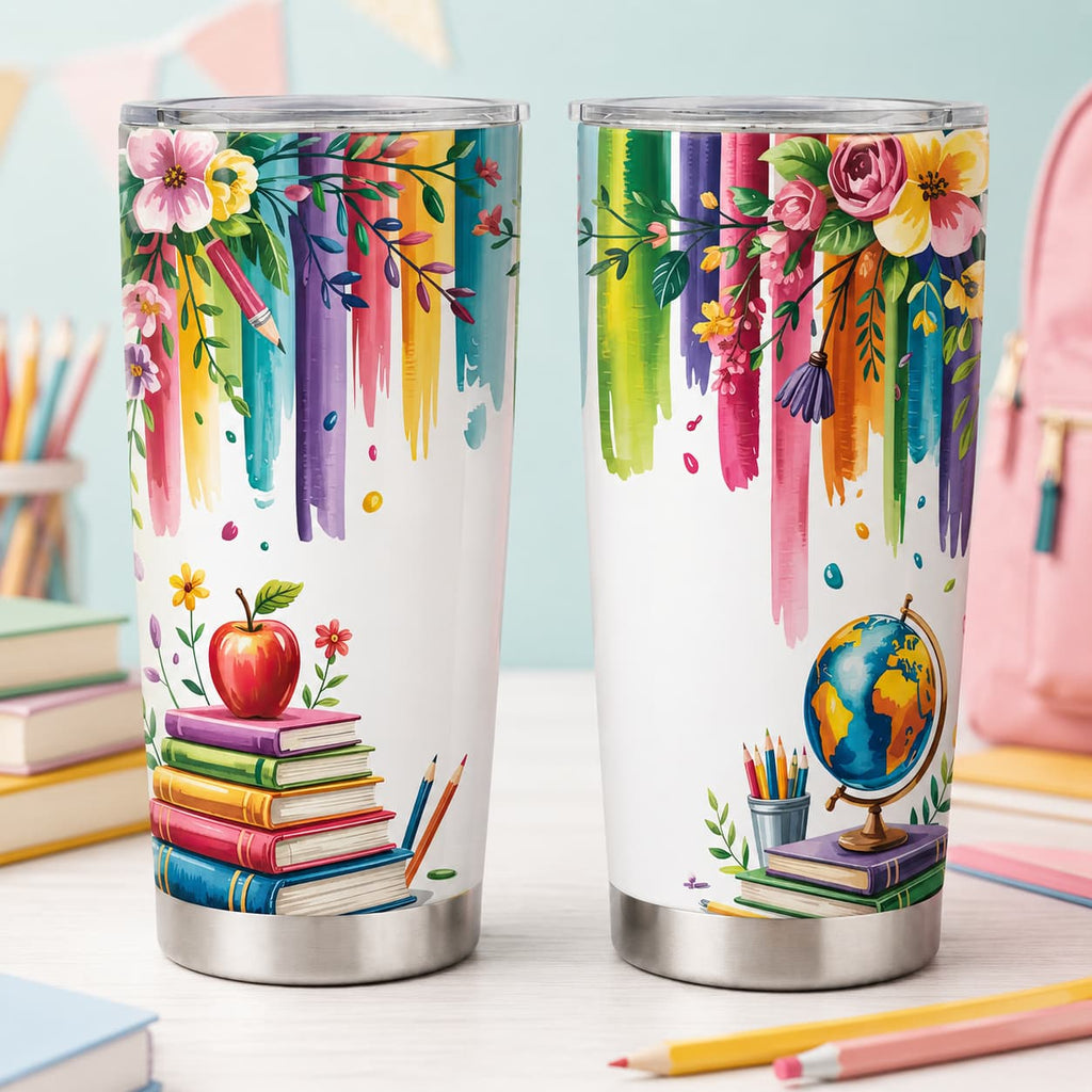 Watercolor Floral Back-to-School Tumbler, Insulated Stainless Steel Teacher Travel Cup