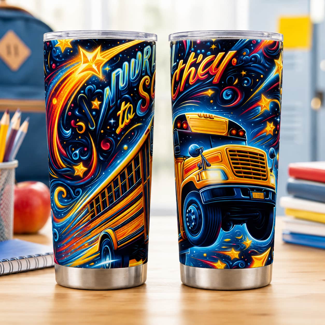 School Bus Galaxy Stainless Steel Tumbler, Back-to-School Insulated Travel Cup