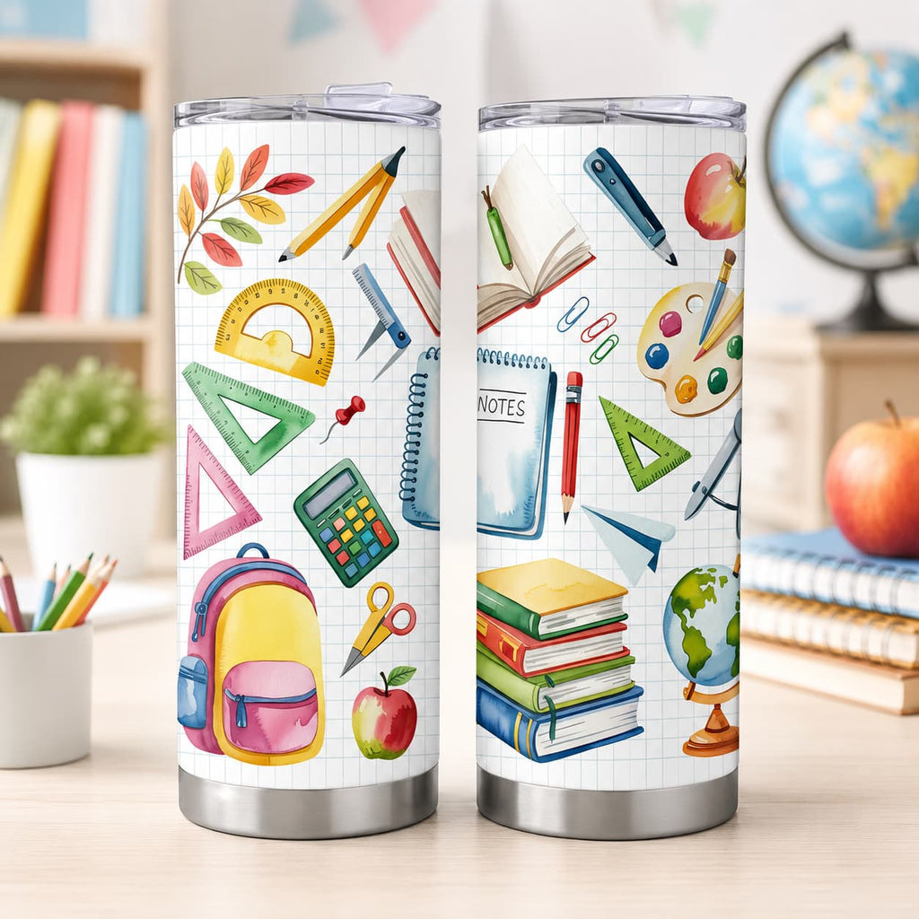 Watercolor School Supplies Tumbler, Insulated Stainless Steel Back-to-School Travel Cup