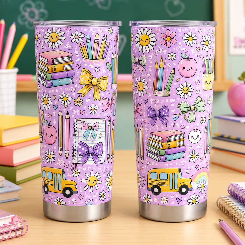 Kids Back-to-School Stainless Steel Tumbler with Daisies, Bows & School Bus Print