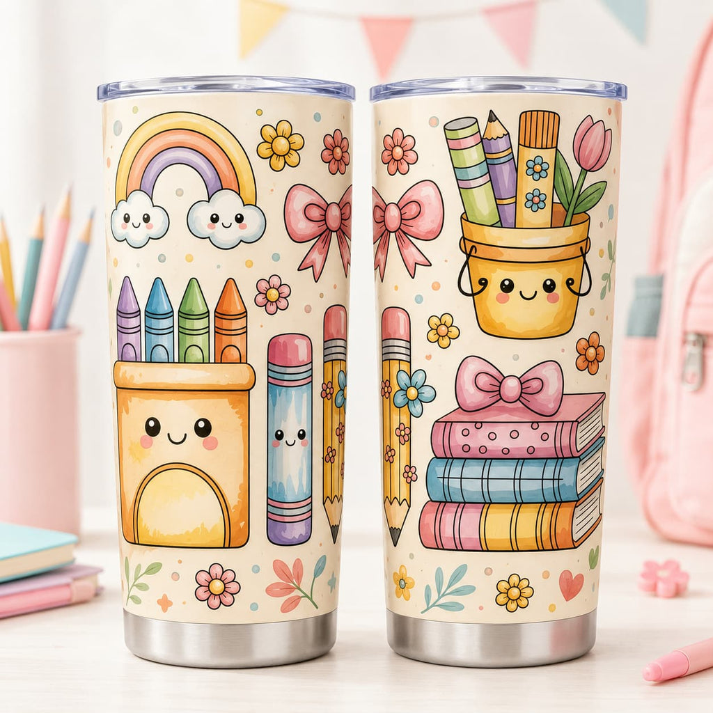 Cute Pastel Back-to-School Stainless Steel Tumbler with Lid, Rainbow & School Supplies Print