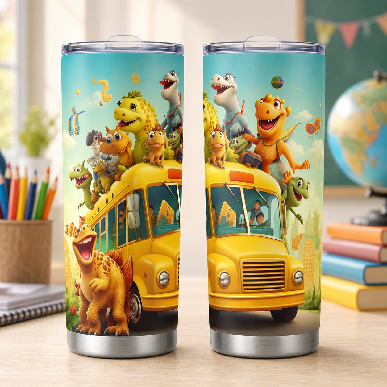 Dinosaur School Bus Stainless Steel Tumbler with Lid, Kids Back-to-School Cup