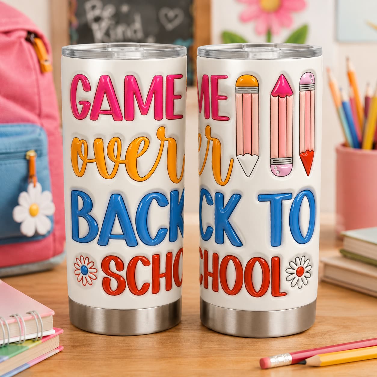 Game Over Back-to-School Tumbler, Insulated Stainless Steel Travel Cup for Teachers & Students