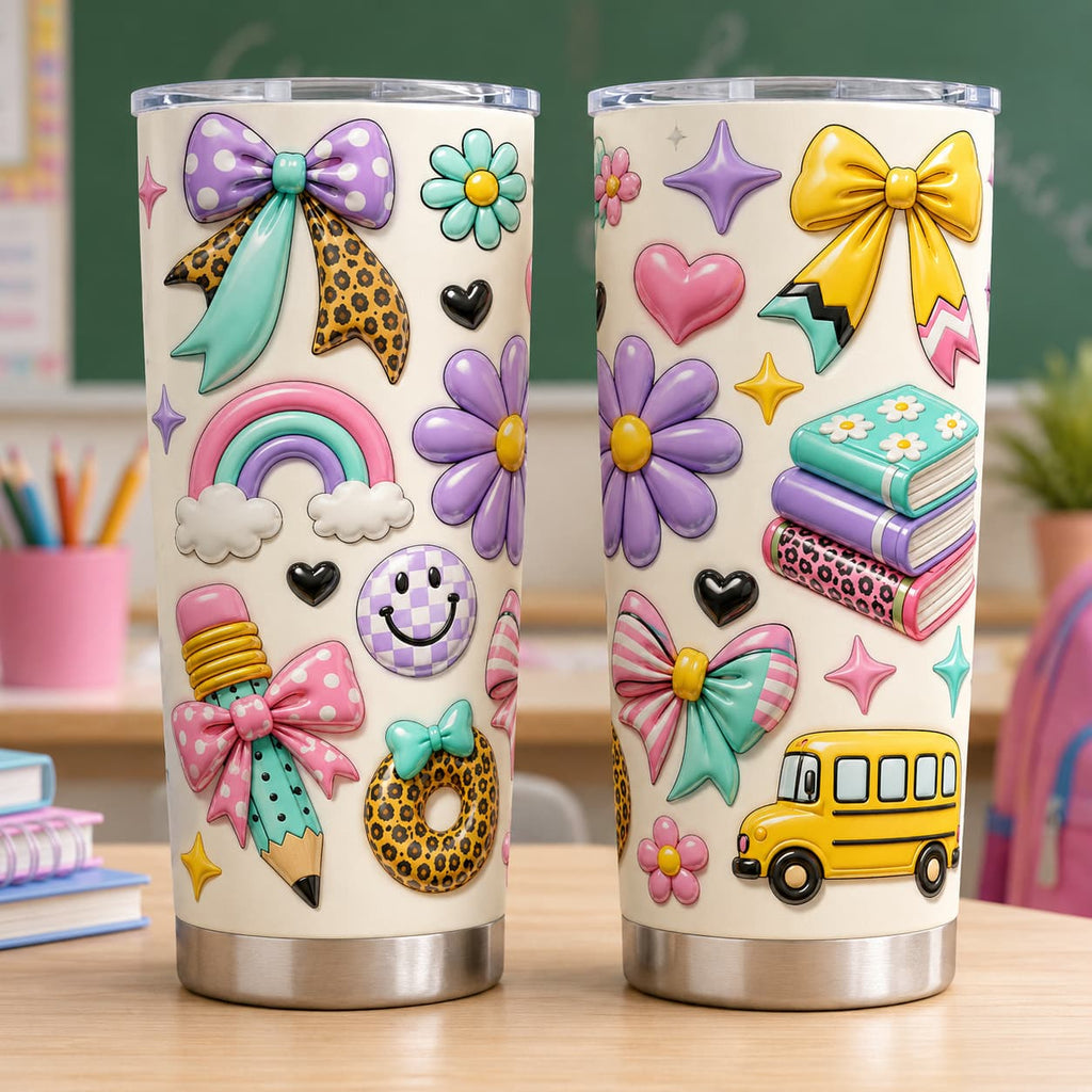 Kids Back-to-School Stainless Steel Tumbler with Bows, Rainbow & School Bus Print