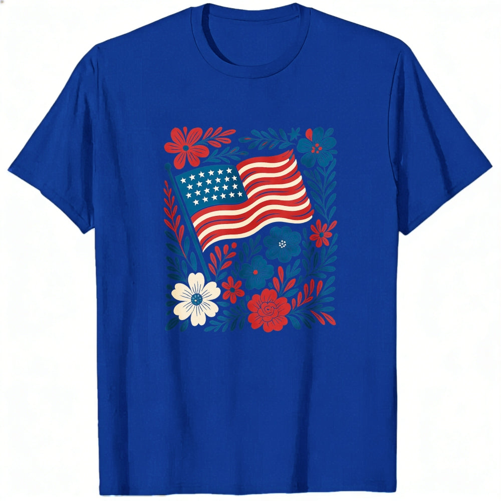 Patriotic Floral Design Classic T-Shirt American Flag And Flowers