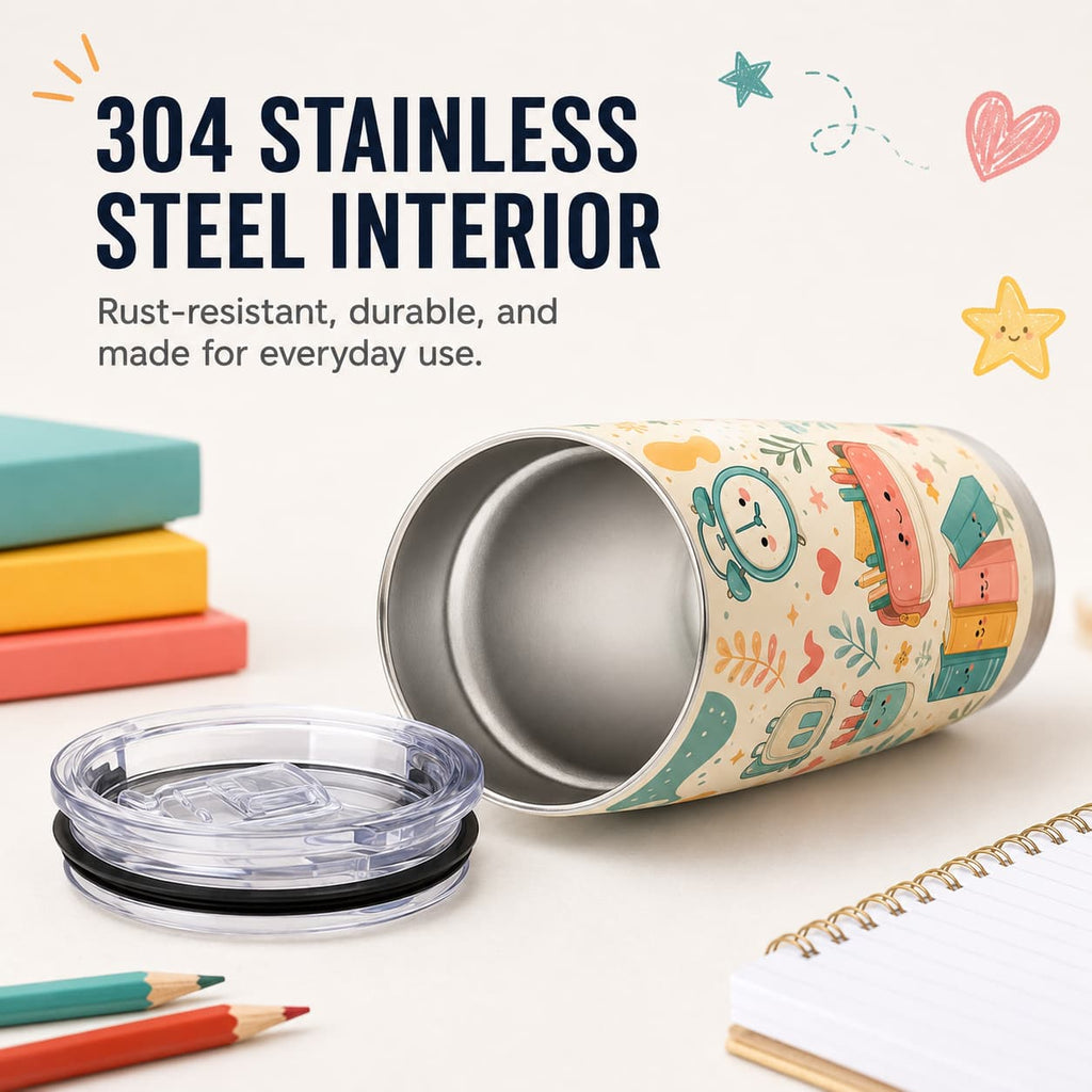 Cute Back-to-School Stainless Steel Tumbler with Lid, Kawaii School Supplies Print