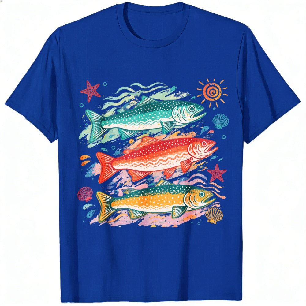 Vintage Style Classic T-Shirt Colorful Trout Fish And Sea Stars Ocean Art