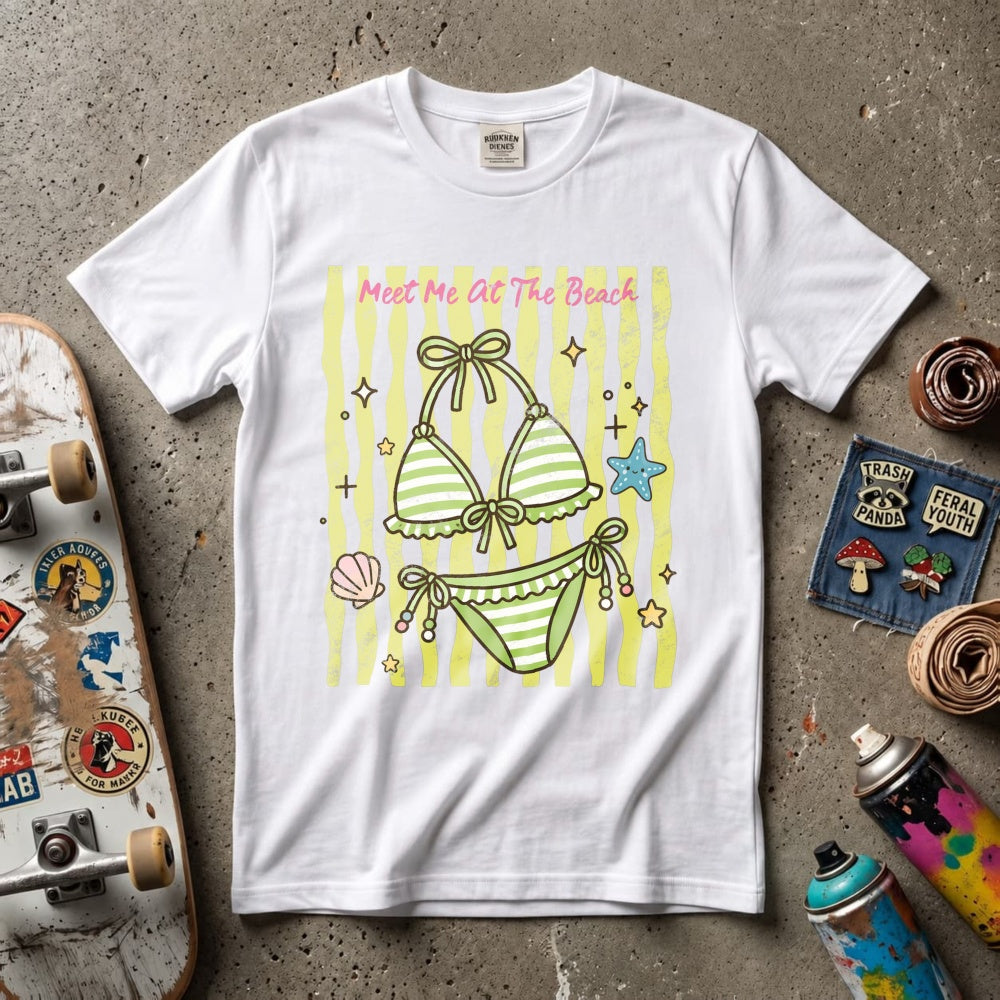 Cute Summer Beach Bikini Graphic Classic T-Shirt Meet Me At The Beach Striped Seashell Starfish Desi