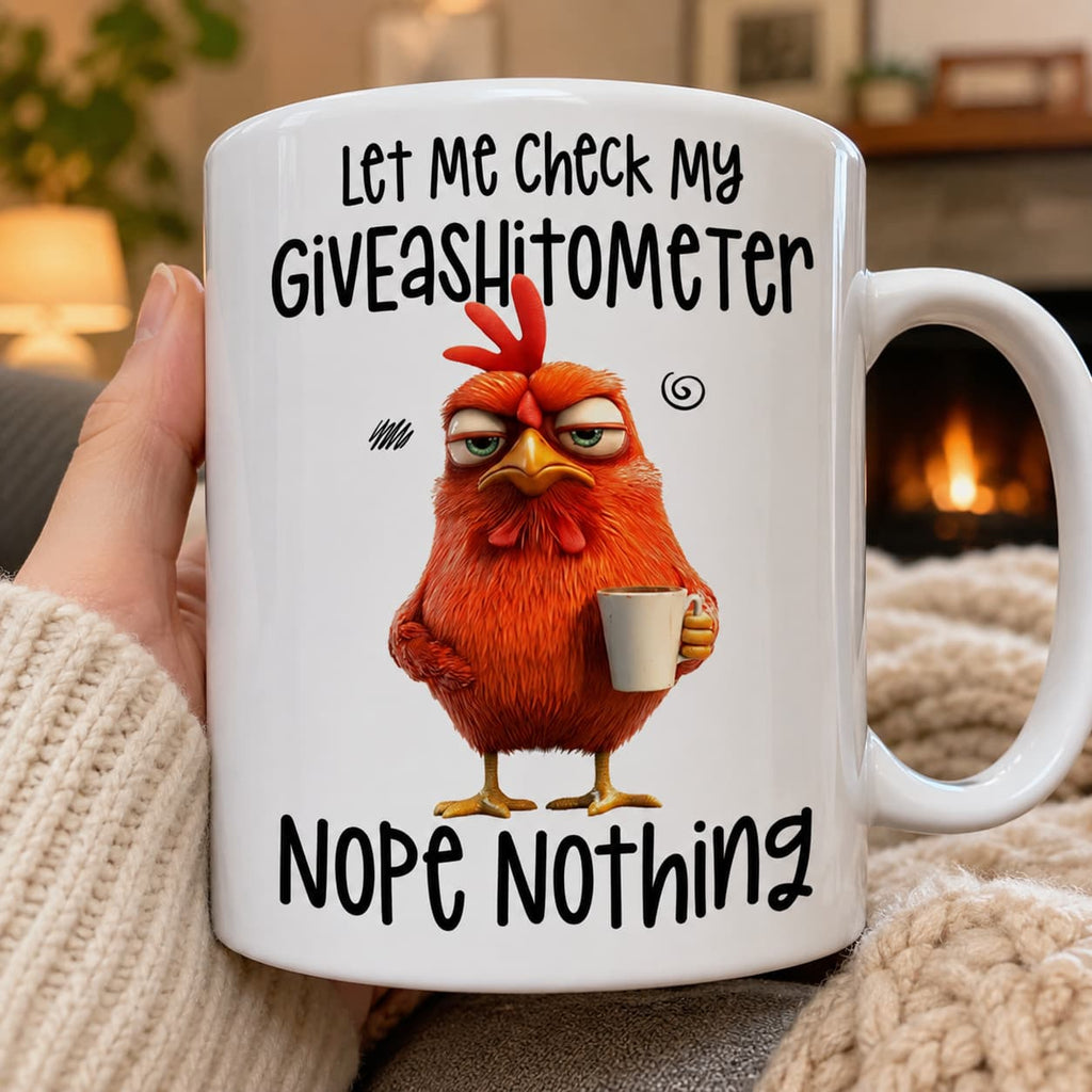 Let Me Check My Giveashitometer Mug – Funny Sarcastic Chicken Coffee Cup Gift