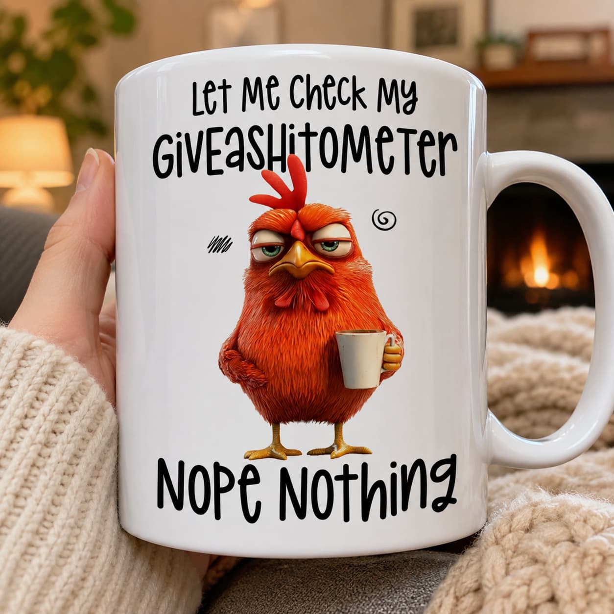 Let Me Check My Giveashitometer Mug – Funny Sarcastic Chicken Coffee Cup Gift