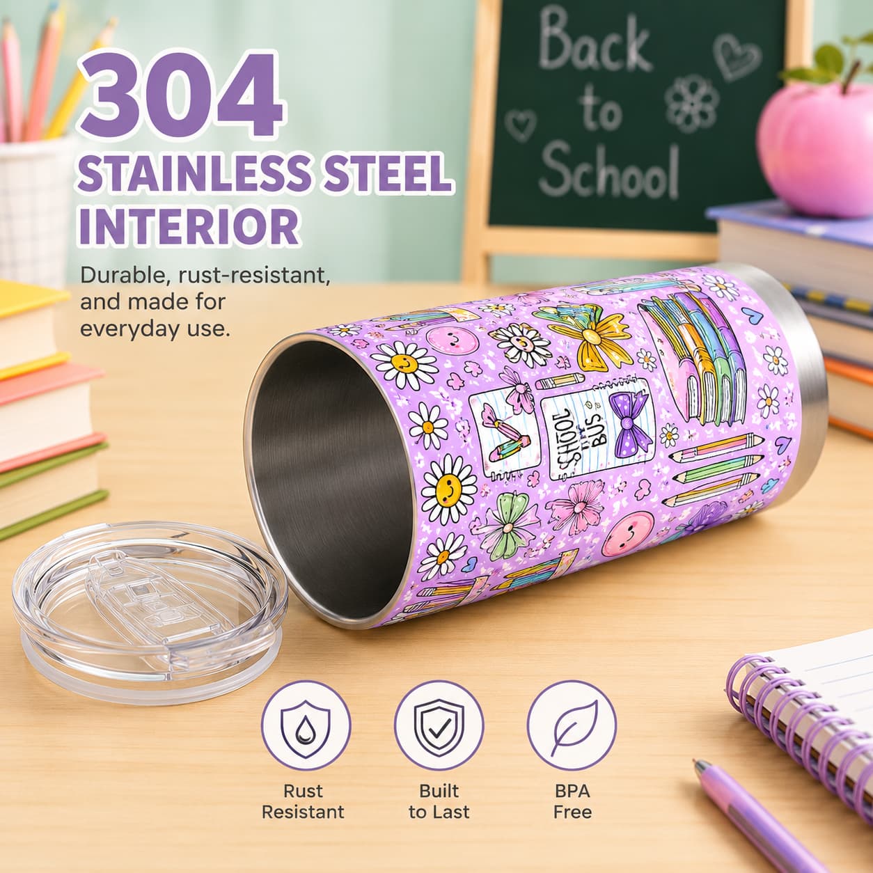 Kids Back-to-School Stainless Steel Tumbler with Daisies, Bows & School Bus Print