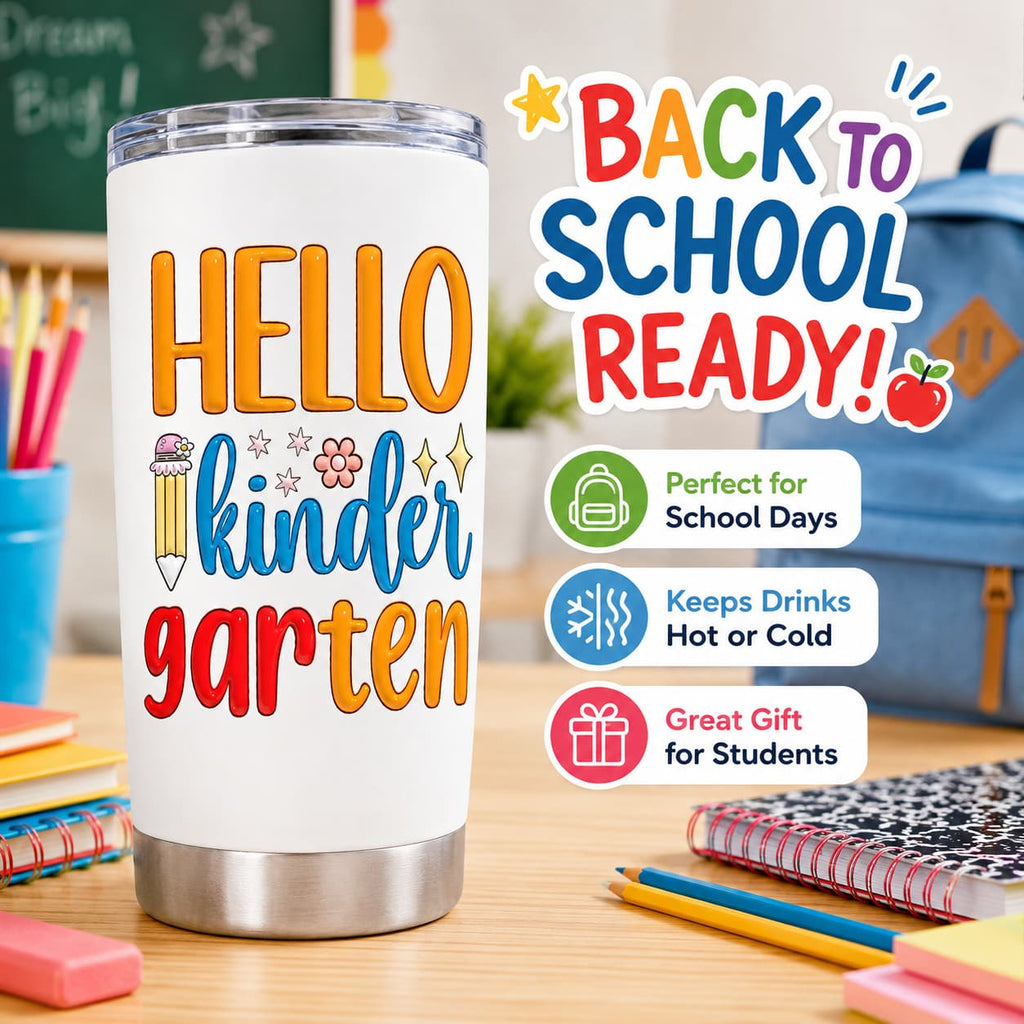 Hello Kindergarten 20 oz Stainless Steel Tumbler with Lid, Pencil & Floral School Print