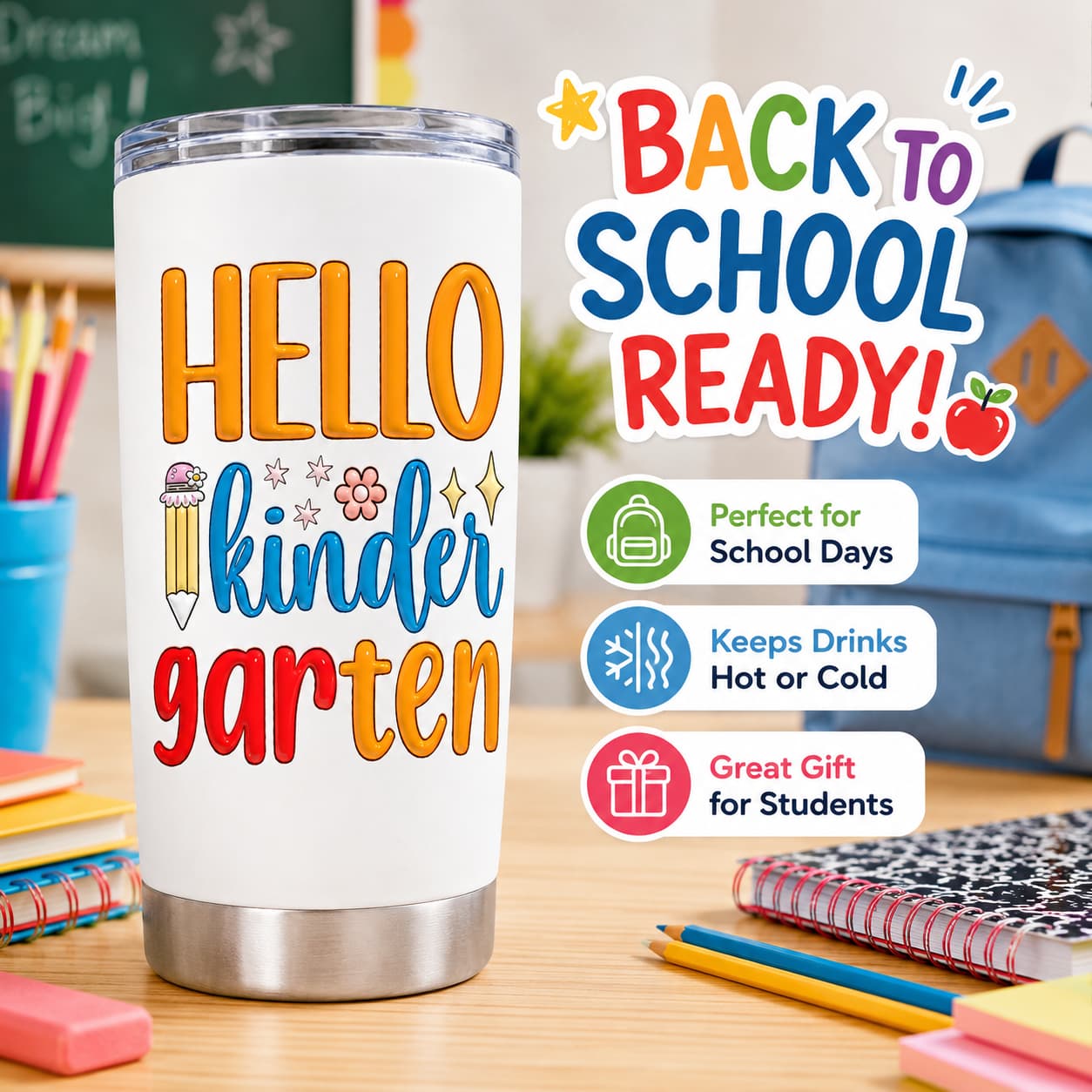 Hello Kindergarten 20 oz Stainless Steel Tumbler with Lid, Pencil & Floral School Print