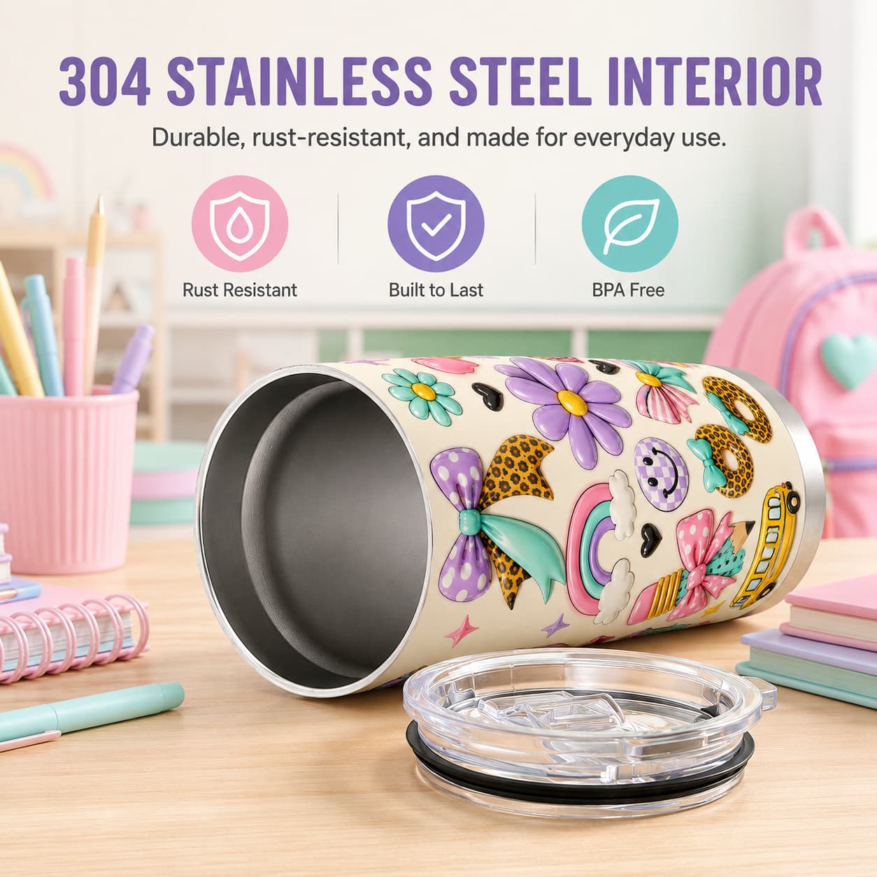 Kids Back-to-School Stainless Steel Tumbler with Bows, Rainbow & School Bus Print