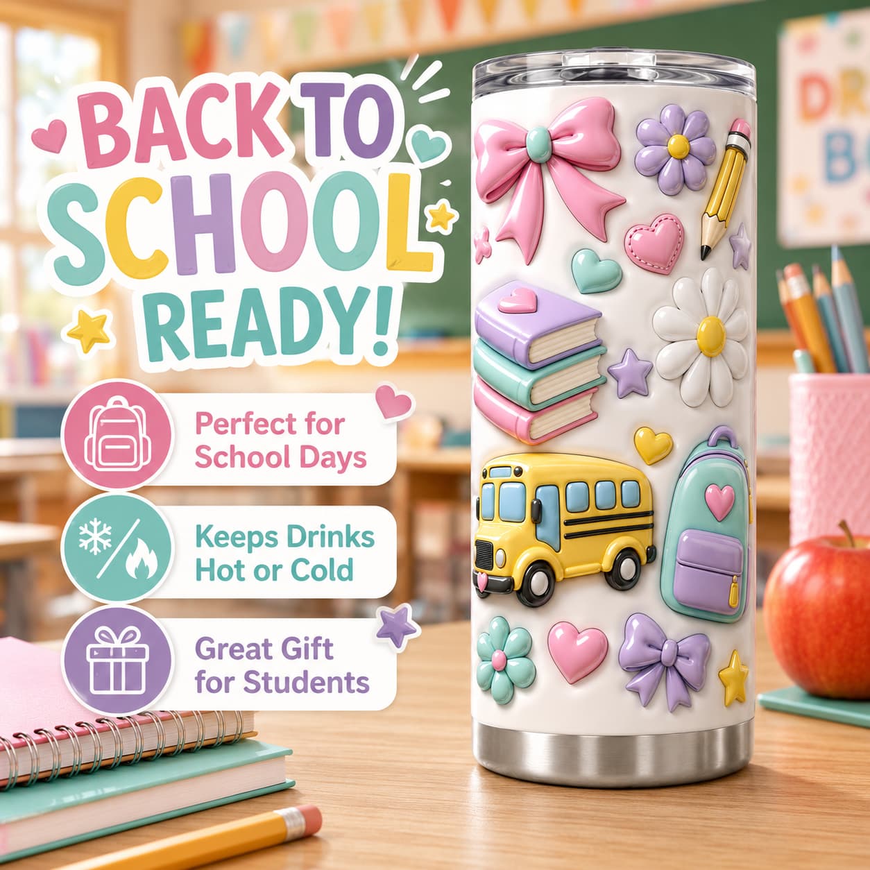 Pastel Back-to-School Stainless Steel Tumbler with Lid, Bow, Rainbow & School Bus Print