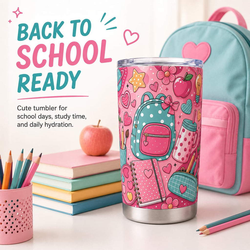Kawaii Pink Back-to-School Stainless Steel Tumbler with Lid, Backpack & Heart Print