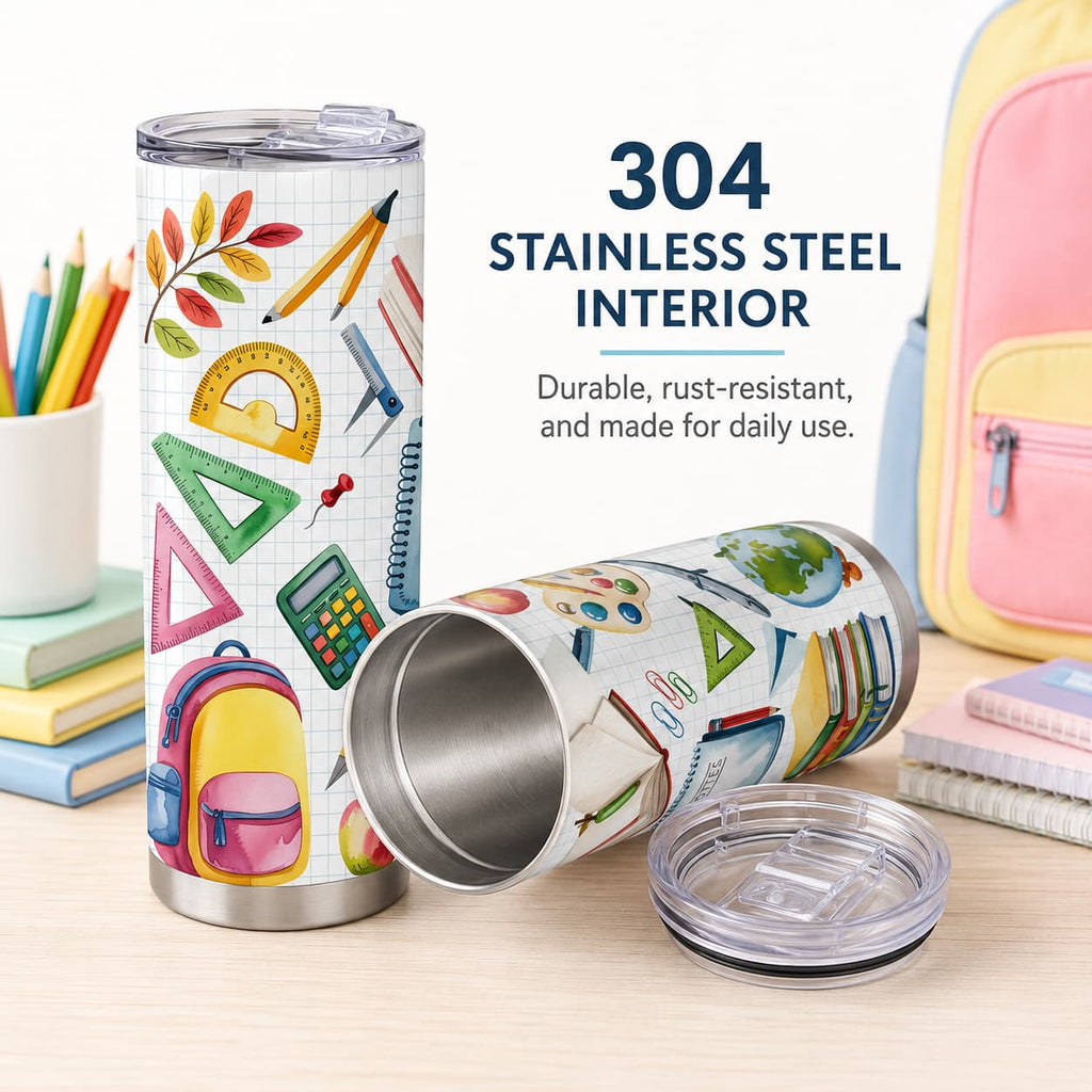 Watercolor School Supplies Tumbler, Insulated Stainless Steel Back-to-School Travel Cup