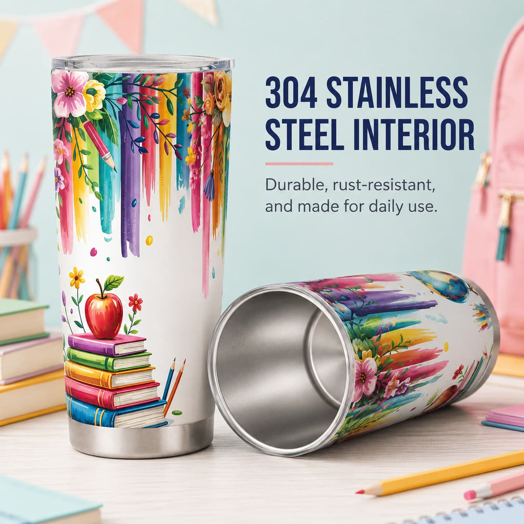 Watercolor Floral Back-to-School Tumbler, Insulated Stainless Steel Teacher Travel Cup