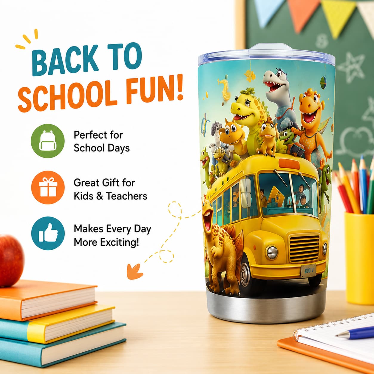Dinosaur School Bus Stainless Steel Tumbler with Lid, Kids Back-to-School Cup