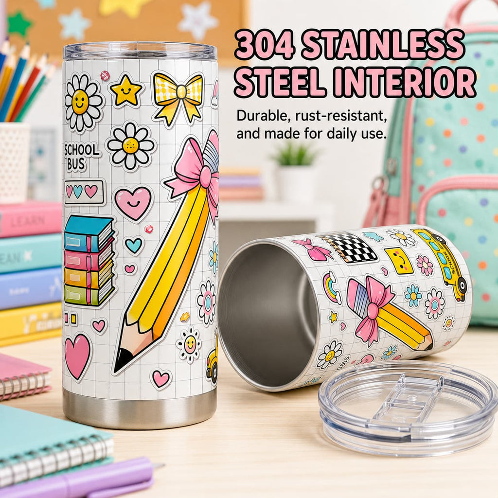 Cute Back-to-School Tumbler, Insulated Stainless Steel Travel Cup for Teachers & Students