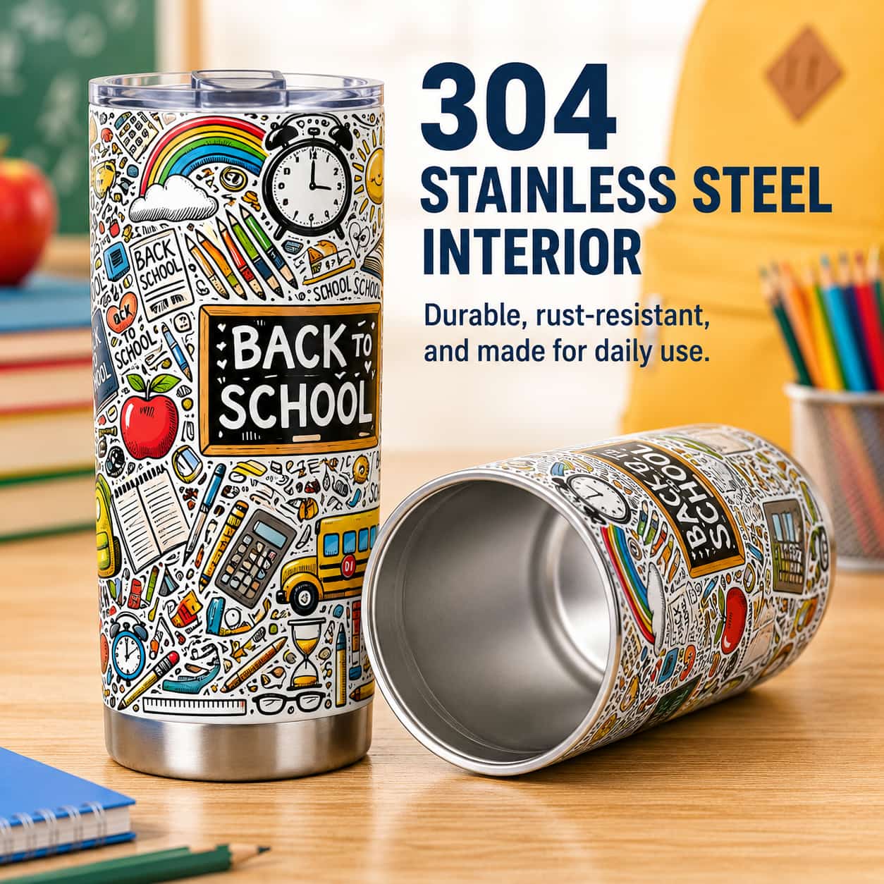 Back-to-School Doodle Tumbler, Insulated Stainless Steel Travel Cup for Teachers & Students