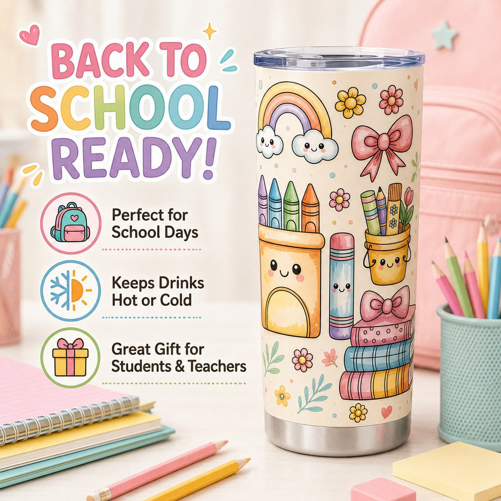 Cute Pastel Back-to-School Stainless Steel Tumbler with Lid, Rainbow & School Supplies Print