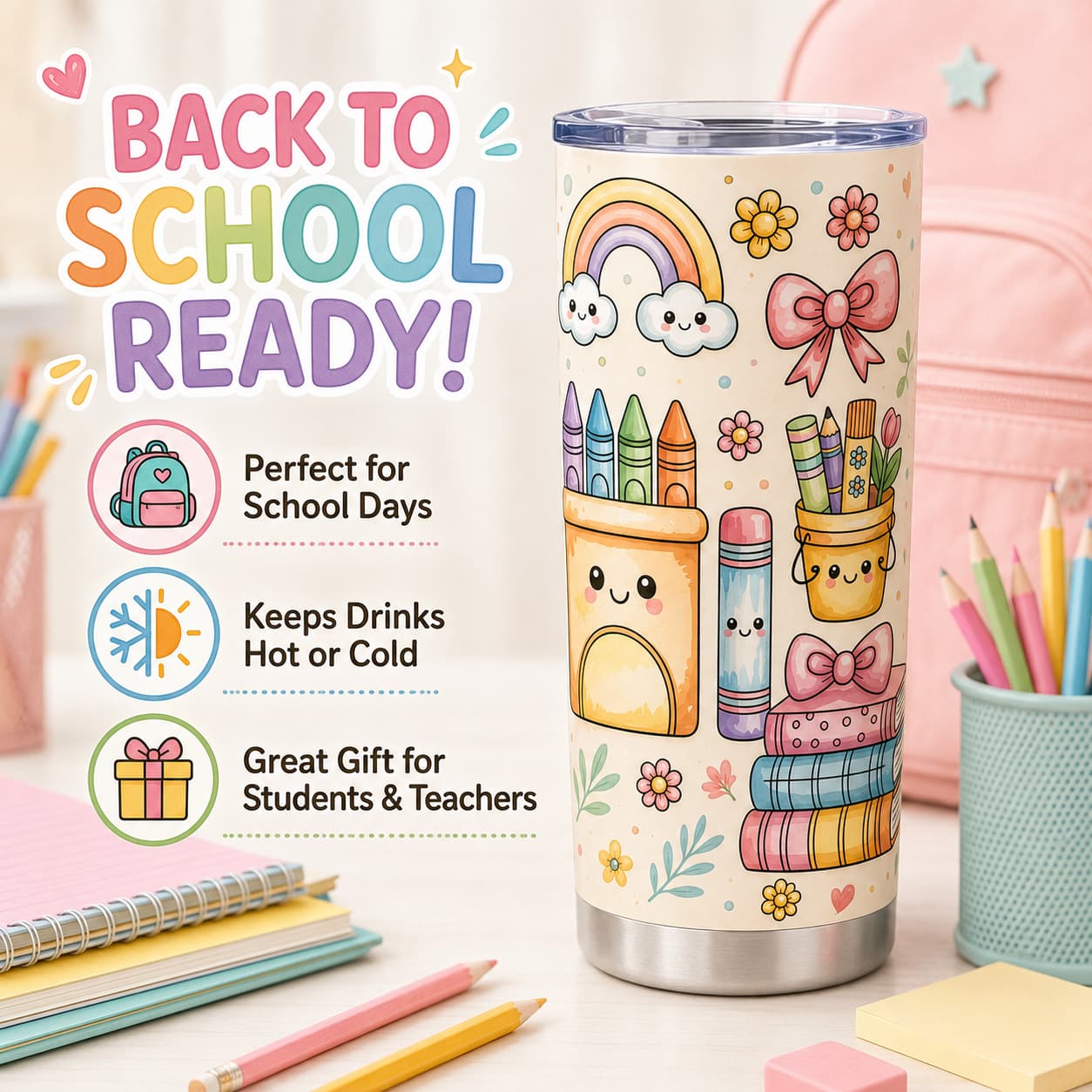 Cute Pastel Back-to-School Stainless Steel Tumbler with Lid, Rainbow & School Supplies Print