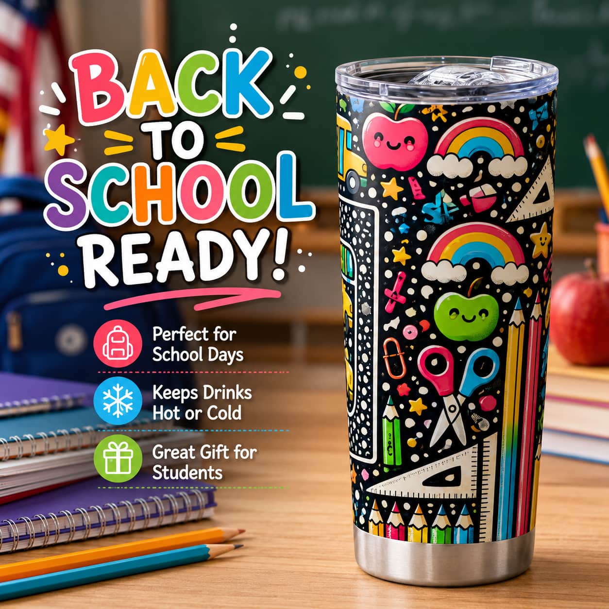 Colorful Back-to-School Stainless Steel Tumbler with Lid, Composition Book & School Supplies Print