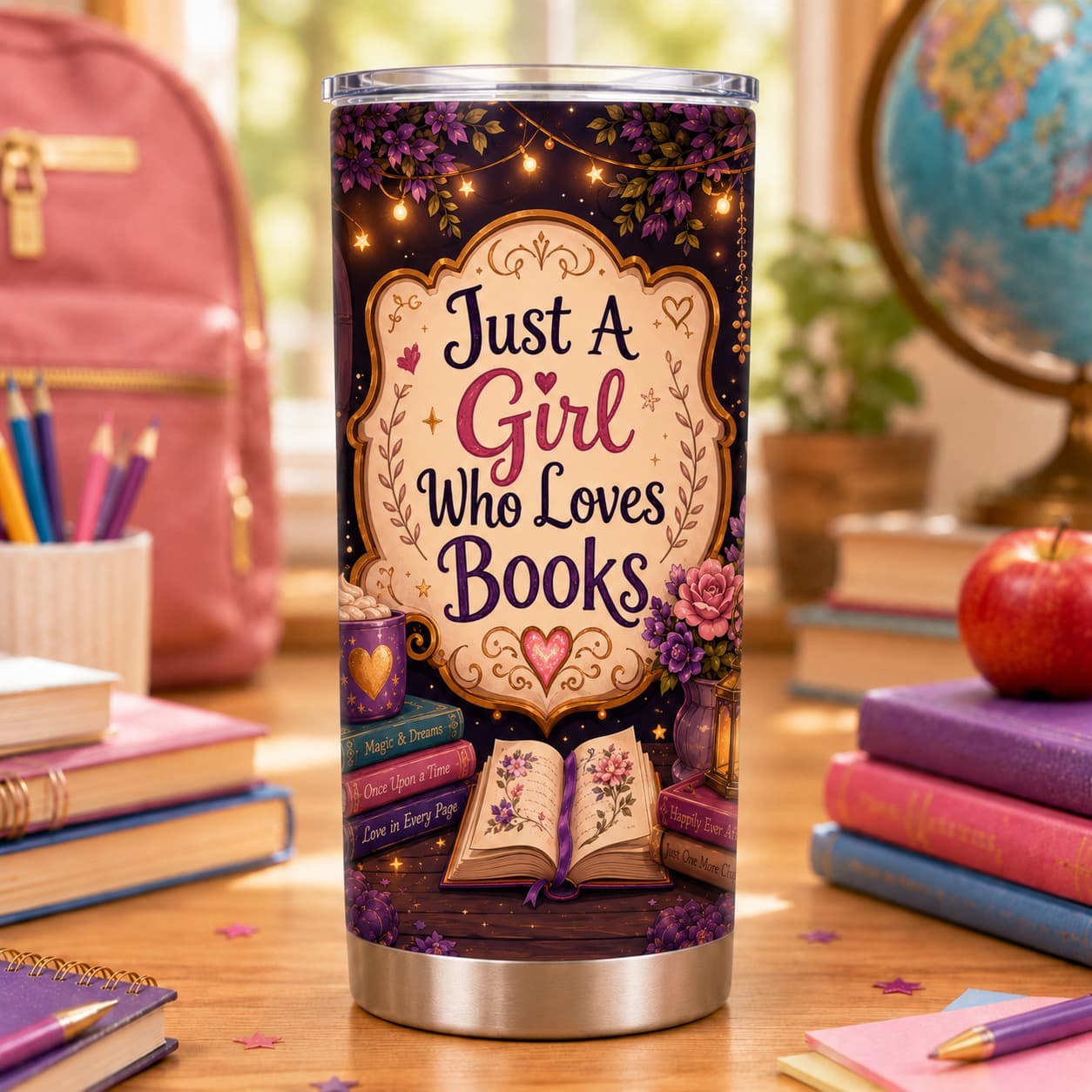 Just a Girl Who Loves Books Tumbler – Back-to-School Gift for Readers and Students
