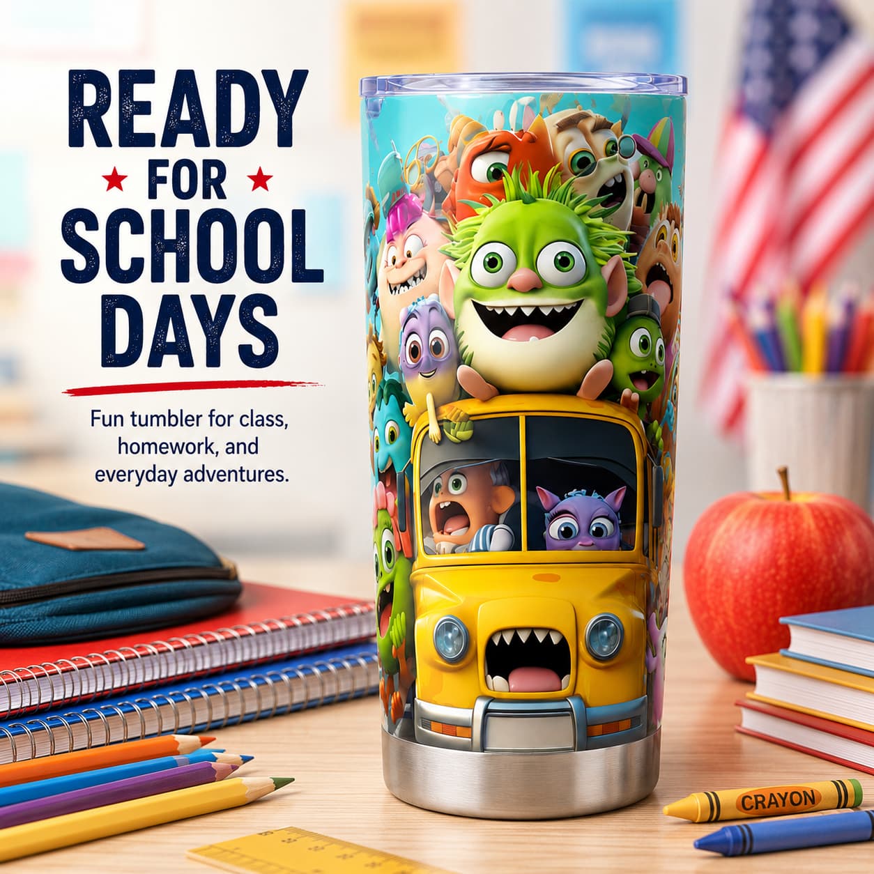 Kids Stainless Steel Tumbler with Colorful Monster School Bus Print, Back-to-School Cup